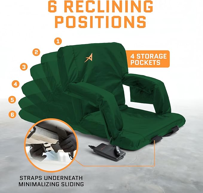 Heated Stadium Seats for Bleachers with Back Support – USB Battery Included - Upgraded 3 Levels of Heat - Foldable Chair - 4 Pockets for Snacks, Cup Holder - for Camping, Games & Sports (Hunter Green)