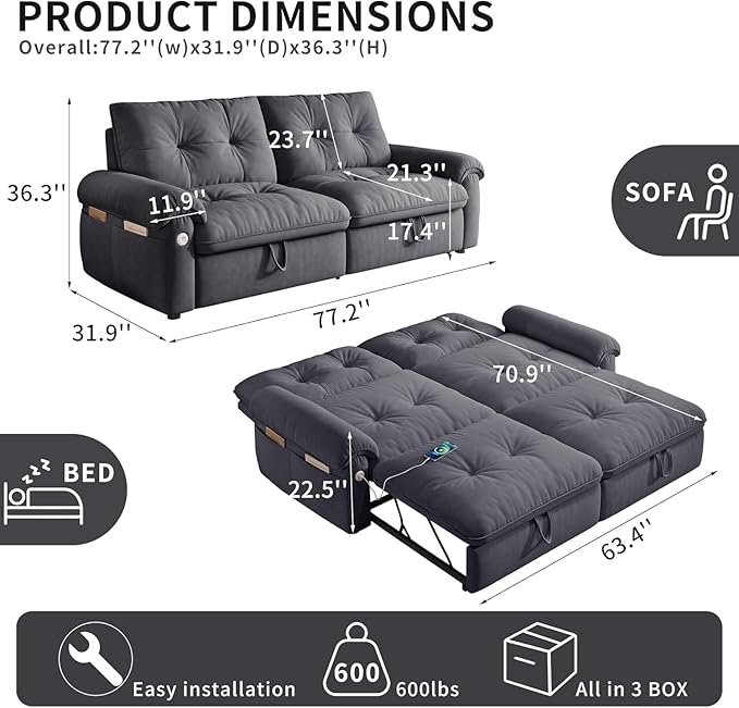 oaaktu Queen Size Sleeper Sofa Couch with Pullout Bed,Convertible Pull Out Adjustable Backrest for Small Spaces,Apartment, Guest Room (3820GREY)