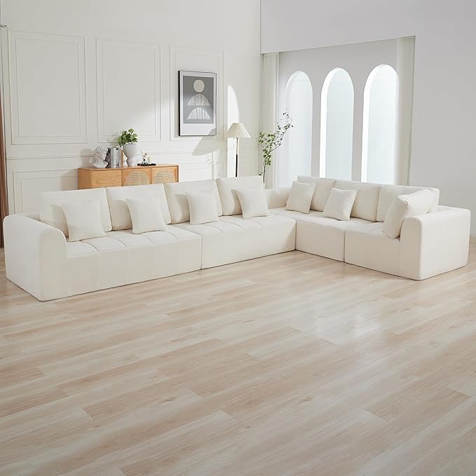 170''Modular Sectional Couches for Living Room, Cloud Boneless Compressed Sectional Sofa, Oversized L Shaped 7 Seater Upholstered Memory Foam Sofa, No Assembly, Chenille Beige