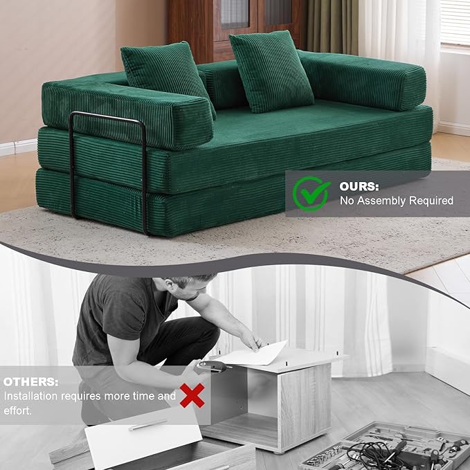 77" Convertible Foldable Floor Couch, 3-Seat Futon Sleeper Sofa for Living Room, Bedroom, or Apartment, with Pillow Backrest and Armrests, Corduroy Fabric, No Assembly Required, Dark Green