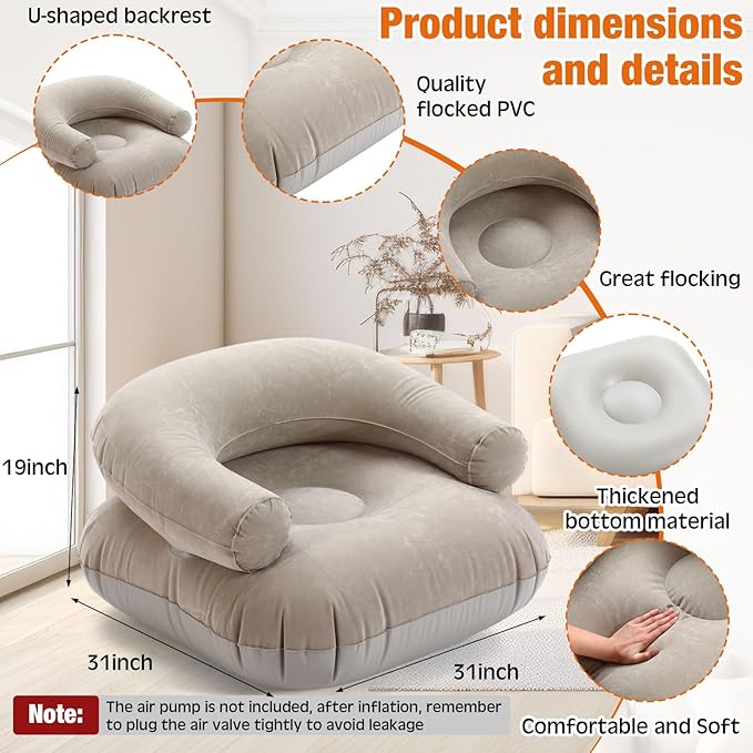 Threehoney 4 Pcs Inflatable Lounge Chair Deck Chair Lazy Sofa, Blow Up, Folding, Portable Couch for Home, Office Balcony, Floor Seating (Beige)