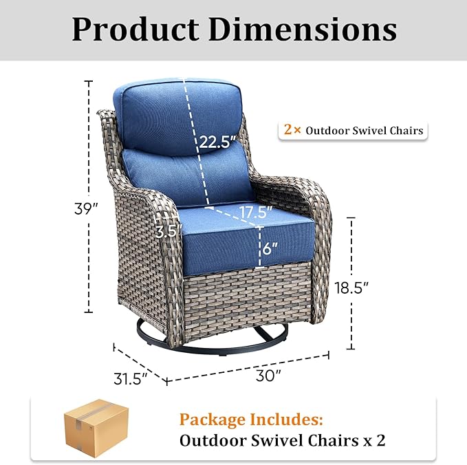 Pugire Luxury Outdoor Swivel Rocker Patio Chairs Set of 2 with 6-Inch Thick Cushions, High Back Swivel Patio Chairs Wicker Outdoor Gliders for Porch, Yard, Deck, Poolside, Grey/Blue
