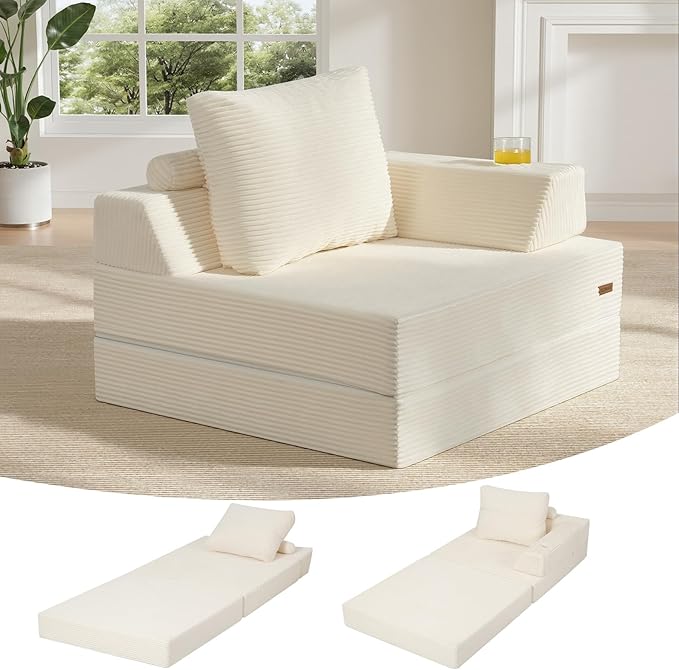 COMAX Folding Sofa Bed, Foldable Couch for Bedroom, Corduroy Convertible Floor Sleeper Futon Chair Foam, 3 in 1 Fold Out Chair Portable Comfy Lounge Couch Single Sofa Bed for Small Space Guest Room