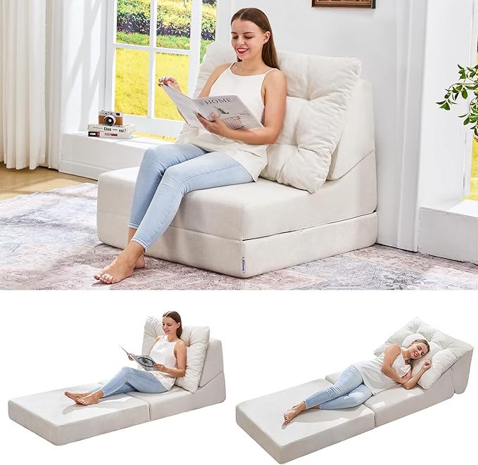 Hobestluk Sofa Couch Folding Sofa Bed Comfy Floor Lounger Convertible Sofa with Removable Cushion Couches for Small Spaces Foldable Mattress for Living Room Bedroom or Office (Chenille Beige, Large)