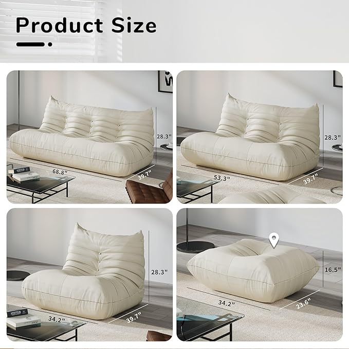 Comfy Lazy Floor Sofa Couch,Soft Armless Chair,Faux Leather Lounge Chair,Corner Relax Sofa Couch for Living Room Bedroom,Salon Office,Adults(Cream White)
