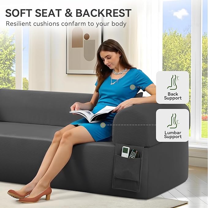 83" Boneless Couch, 3 Seater Sofa with 2 Matching Pillows Compact Corduroy Couches for Living Room Side Storage Pockets, Floor Sofa with Removable Armrests, No Assembly Required, Grey