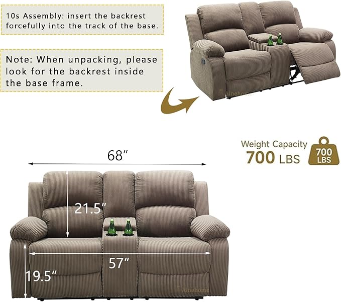 A Ainehome Manual Recliner Sofa Set with Storage, 3 Pieces Living Room Furniture Sets, Corduroy Sofa Sets Reclining Couch Loveseat and Chair Furniture Set for Living Room/Rv/House/Office, Taupe