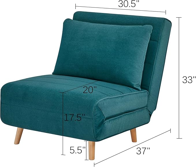 CITTANEO 31" Convertible Sleeper Chair, 3-in-1 Foldable Chair Bed with Pillow, 3-Position Adjustable Backrest, Single Sofa Bed for Apartment, Office, Peacock Blue