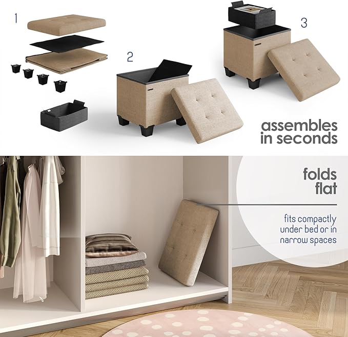 Storage Ottoman Cube with Small Bin, 16-in Square Ottoman with Storage for Living Room and Bedroom, Small Ottomans Foot Rest, Fabric Foot Stools Ottomans Max 330lbs, Taupe