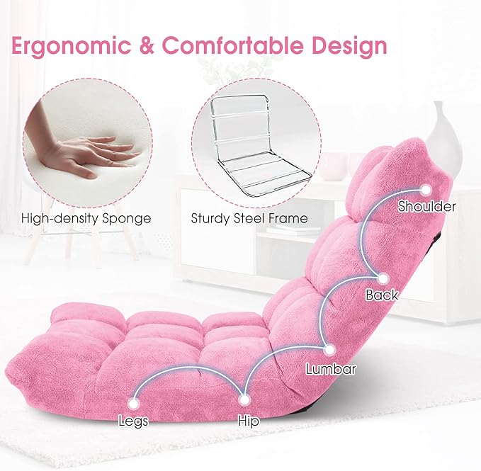 Floor Chair with Back Support, Foldling Gaming Sofa Chair with Comfy Cushion, Adjustable 14-Position Meditation Chairs, Lazy Lounge Recliner Reading Seat for Adults, Kids (Pink)