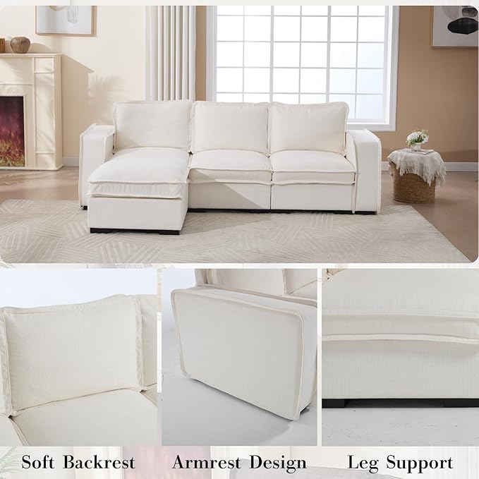 HEAY-YO 93 Inches Modern Modular Sectional Sofa,L Shape 3-Seater Comfy Couch with Moveable Ottoman,Floor Sofa for Living Room Bedroom Apartment,Linen White