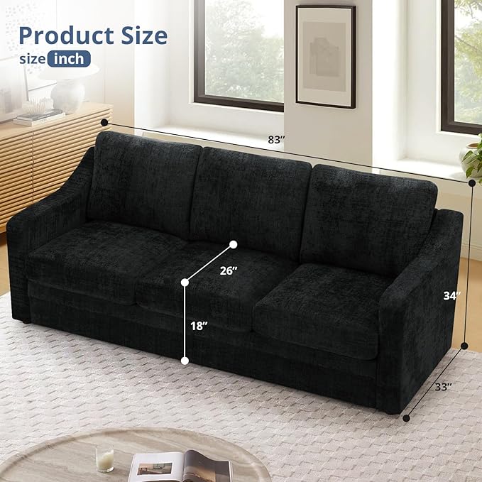 ACMEASE 83 Inches Chenille 3-Seat Sofa w/Comfortable Back Cushions, Modern Sofa w/Deep Seat Space, Upholstered 3 Seater Couch w/High Resiliency Foam for Living Room, Black