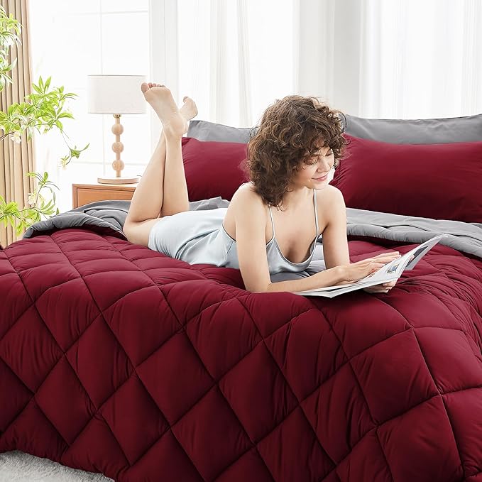 MUXHOMO 7 Pieces King Comforter Set, Reversible Bed in a Bag King Size, All Season Bedding Set with Comforter, Flat Sheet, Fitted Sheet, Pillowcases & Shams, Burgundy & Grey