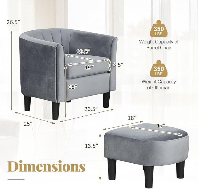 GOFLAME Accent Chair with Ottoman, Modern Velvet Fabric Barrel Chair with Footrest, Curved Backrest, Removable Seat Cushion, Upholstered Club Tub Sofa, Reading Armchair for Living Room, Bedroom, Gray
