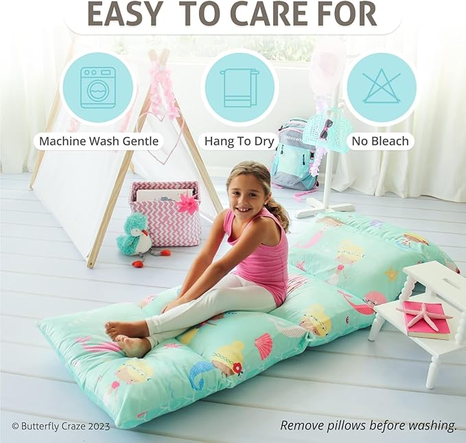 Butterfly Craze Floor Pillow Case - Lounge & Nap Cover for Floor Lounger Pillow - Adjustable Fit for Guest Bed & Sleeping Pad - Machine Washable for Sleep Mat & Travel Mattress - King, Mermaid Aqua
