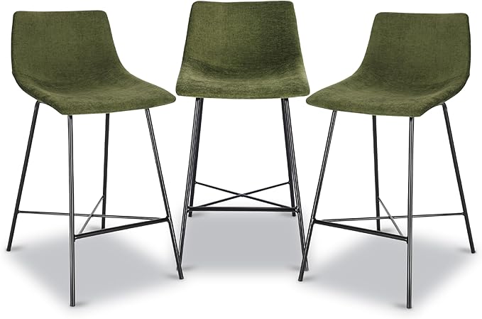Poly & BARK Paxton Leather Counter Stools 24 Inches – Set of 3 - Counter Height Bar Stools – Barstools for Kitchen Island or Counters – Faux Leather & Matte Black Steel Base – Distressed Green Velvet