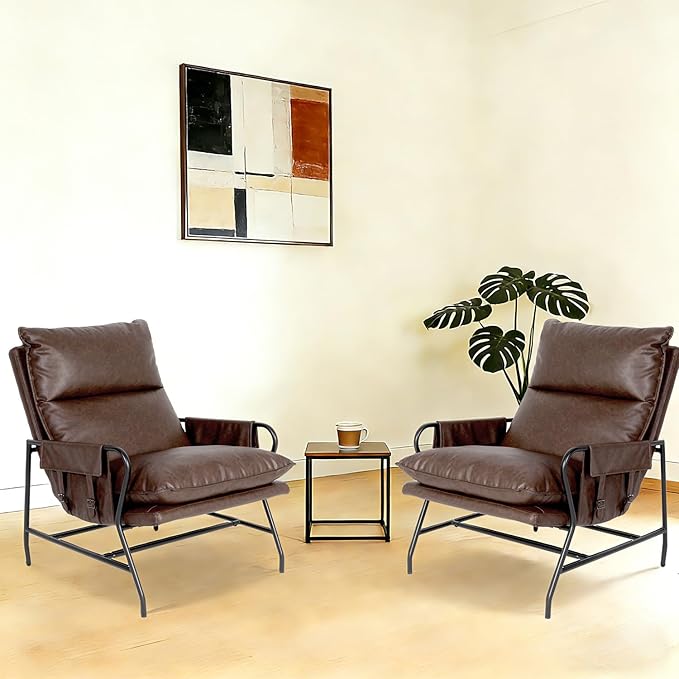 Faux Leather Accent Chair Set of 2 for Living Room, 24" High Backrest Upholstered Armchair, Soft Thickened Cushion Comfy Leisure Chair, Mid Century Modern Single Sofa, Dark Brown