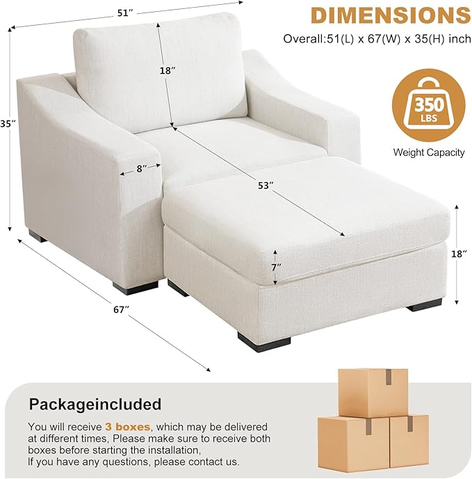 ELUCHANG 47" Oversized Single Sofa with Ottoman, Upholstered Chaise Lounge Comfy Sleeper Chair with Soild Wood Frame, Deep Seat Sofa Couch for Living Room Bedroom Apartment, Linen, White