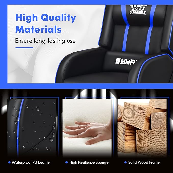 GYMAX Gaming Recliner, Massage Gaming Chair w/Adjustable Footrest, Remote Control & Side Pocket, Ergonomic Game Lounge Chair, Racing Style Single Theater Seat Game Sofa for Adults (Blue)
