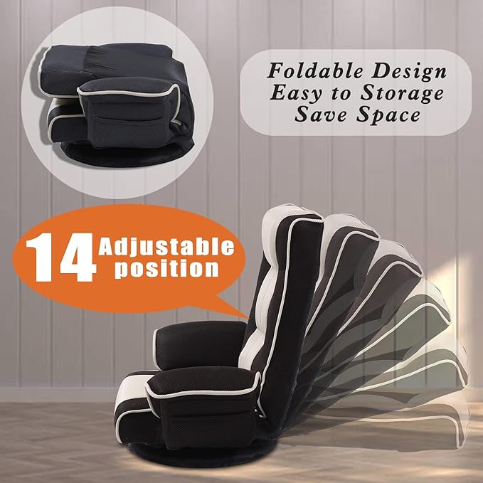 FLOGUOR 360 Swivel Gaming Floor Chair with Armrest Multi-Angle Folding Floor Chair Padded Backrest Lazy Sofa Lounge Chair for Living Room, Home Office QL201W-US-CO