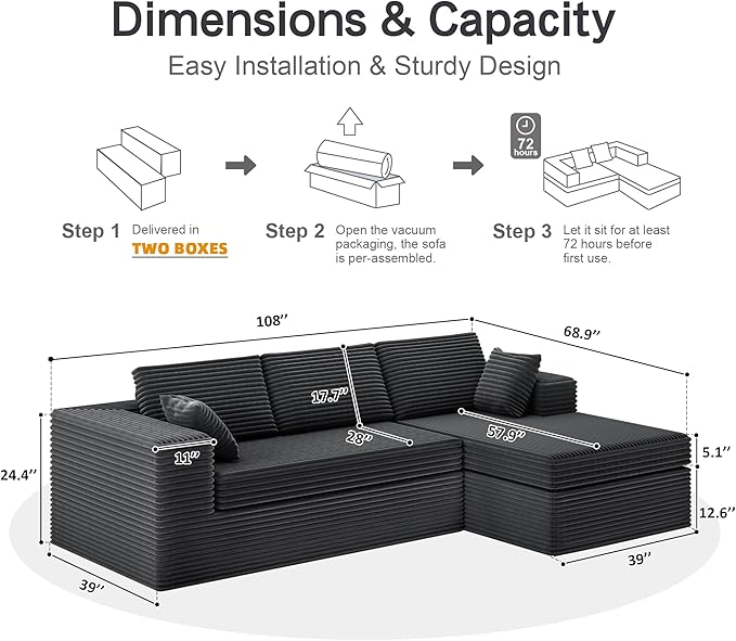 luckyvo 108-inch Boneless Couch for Living Room，Comfy Boneless Sofa with Deep Seats & Chaise Lounge, 3-Seat Modular Sofa Memory Foam Sectional Couches - No Assembly Required(Dark Grey)
