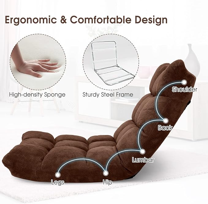 Floor Chair with Back Support, Foldling Gaming Sofa Chair with Comfy Cushion, Adjustable 14-Position Meditation Chairs, Lazy Lounge Recliner Reading Seat for Adults, Kids (Brown)