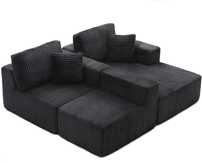 HYJT-H&K Modular Sectional Sofa Cloud Sectional Couch, 107" Comfy Fluffy L Shaped Dark Black Couches for Living Room, Deep Seat Memory Foam Plush Corduroy Boneless Couch Sectionals Right Facing Chaise