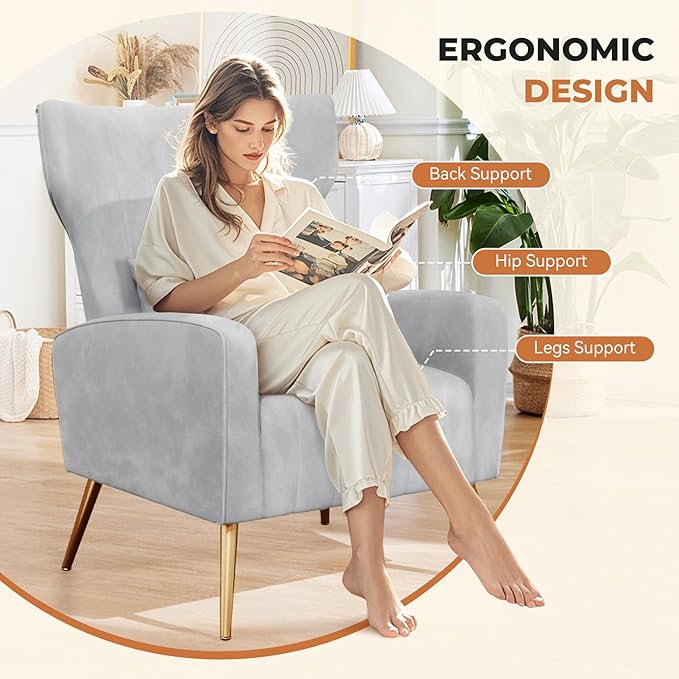 Nalupatio Modern Accent Chairs for Set of 4 Upholstered Velvet Fabric Reading Chair Mid Century Arm Chair Comfy Armchair for Living Room,Light Gray