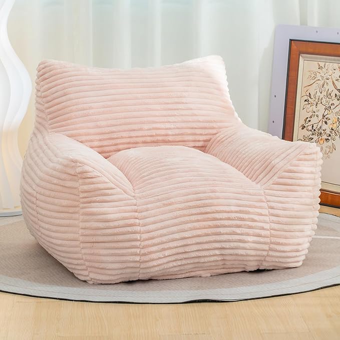 Giant Bean Bag Chair for Adults, Corduroy Upholstered Beanbag Chair with Side Pocket, Comfy Bean Bag Sofa with Portable Handle, Floor Sofa Chair for Bedroom (Pink)