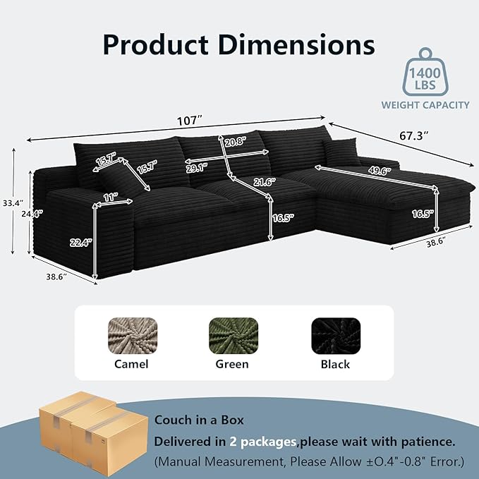 107" Cloud Sectional Couch with L-Shape Chaise, Modern Corduroy Viral Boneless Sofa for Living Room,Memory Foam Couches in a Box with Deep Seat,No Assembly Required (Jet Black,Right-Facing Chaise)