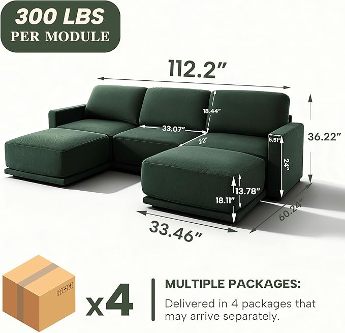 CAPCAPA 112" Modular Sectional Couches for Living Room, U-Shaped Modern Sofa with Ottomans, 5-Piece Chenille Sofa Set for Home Furniture, Dark Green