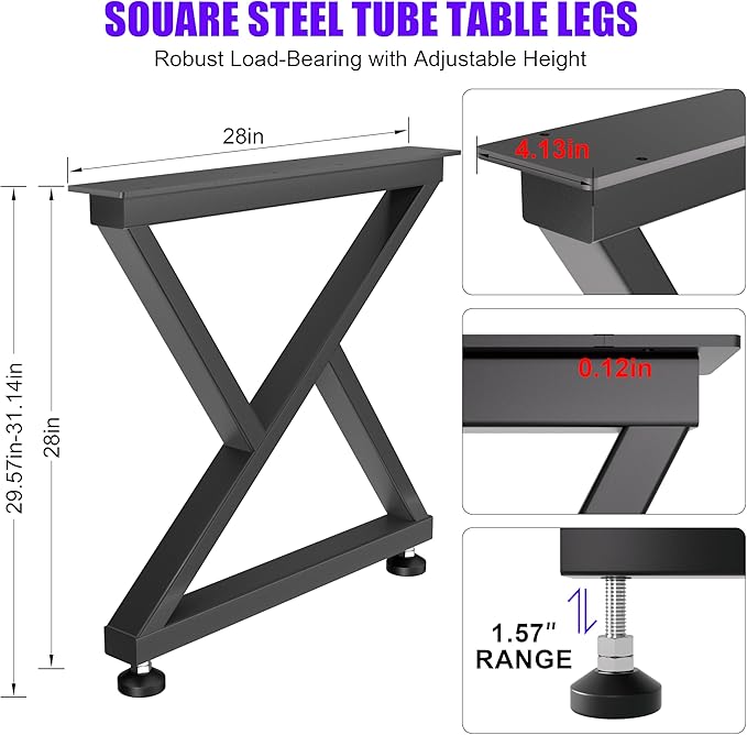 KOSEOO Heavy Duty Metal Table Legs 28 x 28 inch, Industrial Desk Legs with Adjustable Feet, 1200lbs Capacity, Sturdy X-Frame No Wobble Design for Office Desk, Kitchen Table Base, DIY-Set of 2, Black