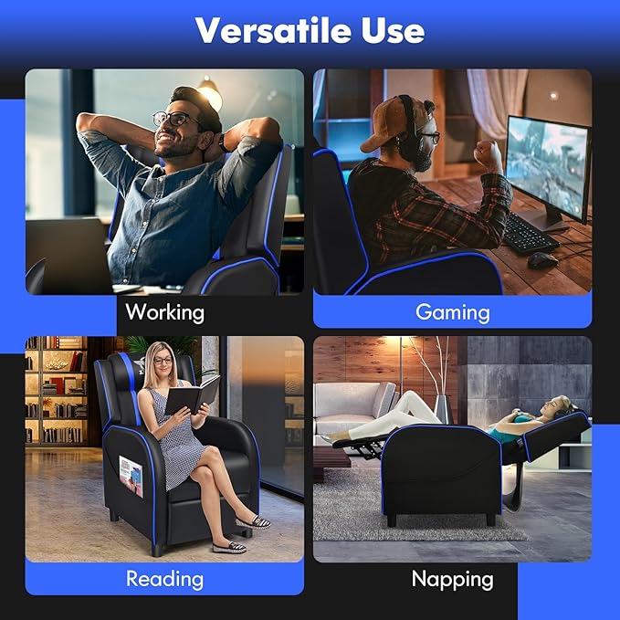 GYMAX Gaming Recliner, Massage Gaming Chair w/Adjustable Footrest, Remote Control & Side Pocket, Ergonomic Game Lounge Chair, Racing Style Single Theater Seat Game Sofa for Adults (Blue)