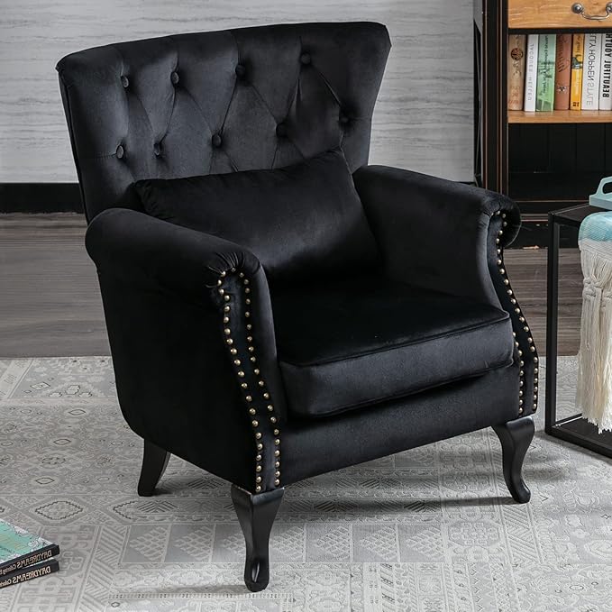 LZAREAL Accent Reading Arm Chairs for Living Room Bedroom, Midcentury Modern Comfy Corner Sofa Chair, Wingback Waiting Room Club Chair with Button Tufted Back &Lumbar Pillow, Velvet Black