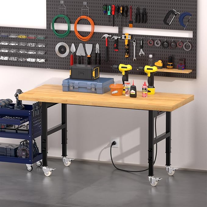 60" Heavy-Duty Solid Wood Work Bench with Wheels, Adjustable Height Workbench with Power Outlets, 2000 LBS Capacity Work Table for Garage, Workshop(60" X 24")