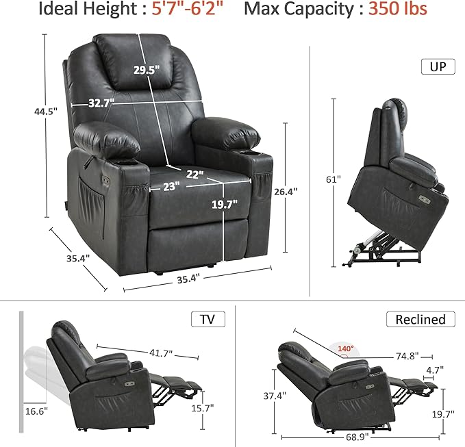 MCombo Large Power Lift Recliner Chair for Elderly, Lift Chair with Heat and Massage for Tall People, Extended Footrest, USB & Type C Ports, Cup Holders, Faux Leather 7516 (Large, Grey)