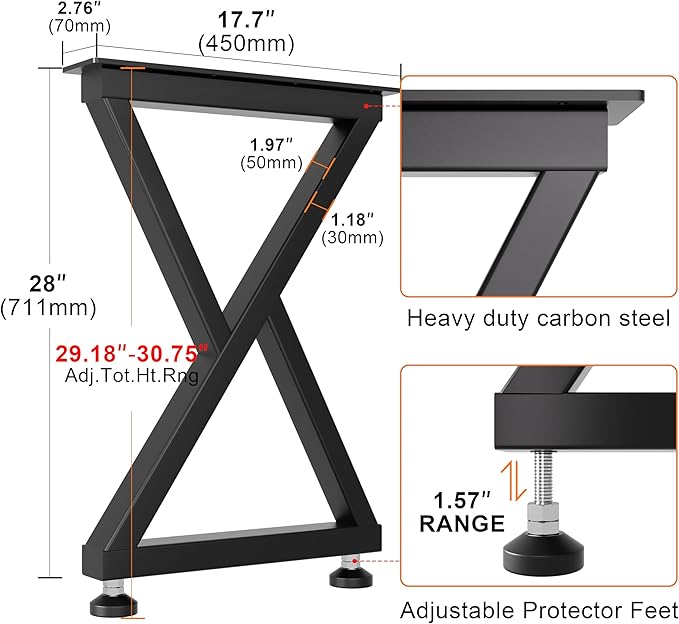 KOSEOO Metal Table Legs 28" x 17.7", Heavy Duty Steel Desk Legs with Adjustable Feet, 1000lbs Capacity, Modern Industrial Table Base for Dining, Kitchen, Office & DIY Tables, Set of 2, Black