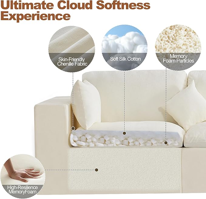 WUTUTUEE 33.5'' Cloud Ottoman for Modular Sofa, Comfy Chenille Upholstered Footrest with Memory Foam, Fully Compressed Packaging, Oversized Ottoman Bench for Living Room or Small Space, Beige
