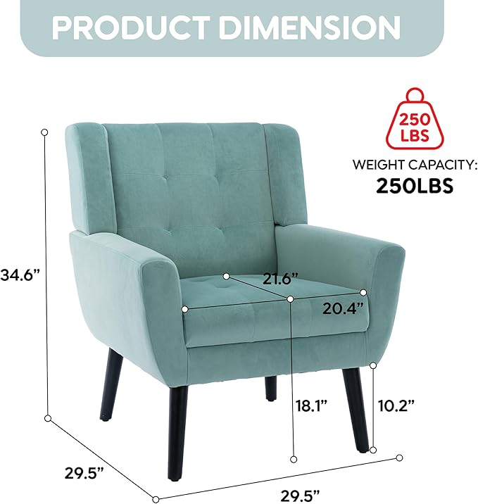 OO BY ORANGE ONLINE Velvet Accent Chair, Mid-Century Modern Tufted Armchair for Living Room, Bedroom & Office (Seafoam Green)