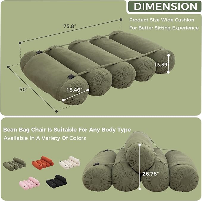 Ekskiei Bean Bag Sofa, Corduroy Sectional with Connecting Straps, Flexible Floor Seating, Soft Foam Filled Lounger, Non-Removable Cover, Reconfigurable Design,Living Room,Bedronm&Offices,Green