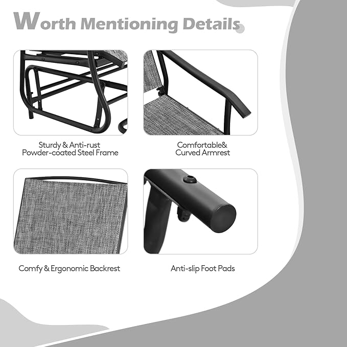 S AFSTAR 2-Person Outdoor Glider, Patio Glider Bench Chairs with Center Tempered Glass Table & Breathable Loveseat, Double Swing Glider Chair for Porch Garden Poolside Balcony Lawn (Gray)