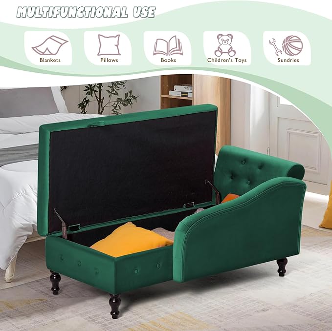 ACMEASE Upholstered Chaise Lounge with Left Armrest & Lumbar Pillow,Button Tufted Lounge Sofa with Storage,Lounge Chair Indoor,Modern Velvet Lounge Chair for Bedroom, Living Room and Office,Green
