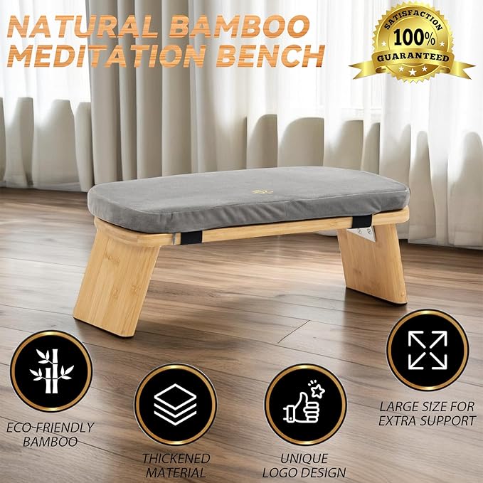 Estleys Meditation Bench, Bamboo Meditation Stool, Folding Kneeling Meditation Bench, Seiza Prayer Bench, Prayer Bench with Meditation Cushion, Kneeling Stool (Grey & Big)