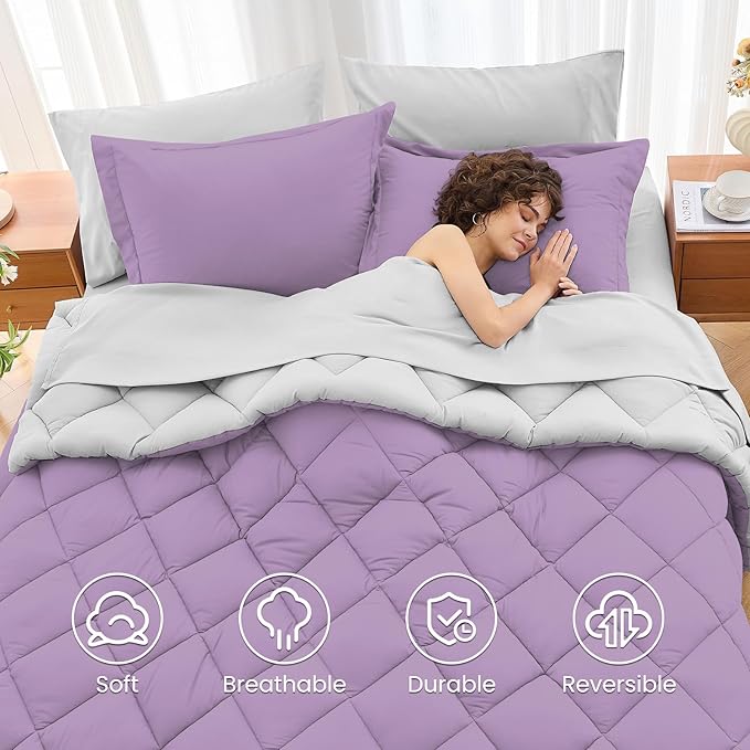 MUXHOMO 7 Pieces Full Comforter Set, Reversible Bed in a Bag Full Size, All Season Bedding Set with Comforter, Flat Sheet, Fitted Sheet, Pillowcases & Shams, Greyish Purple & Light Grey