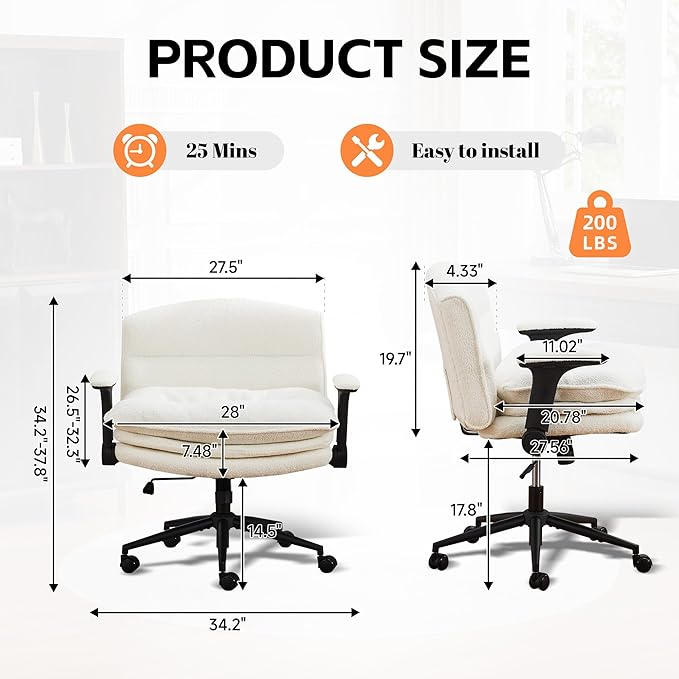 Criss Cross Chair with Flip-up Arms, Wide Criss Legged Chair with 3 Layer Cushion, Ergonomic Office Desk Chair with Wheels, Swivel Vanity Chair for Office, Living Room, Bedroom, Boucle White