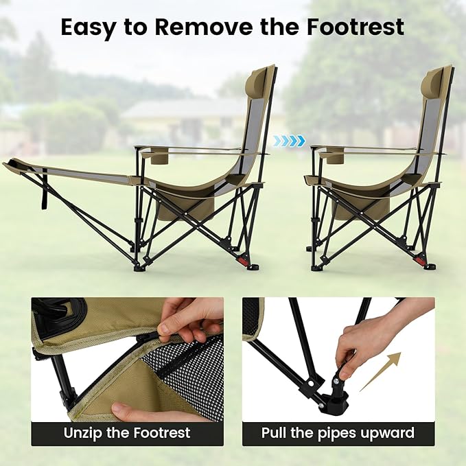 GYMAX Reclining Camping Chairs with Footrest, Lightweight Foldable Camping Chairs with Cup Holders, Adjustable Backrest, Headrest, Heavy Duty Camp Chair for Adult Outdoor Fishing Beach (Khaki,1)