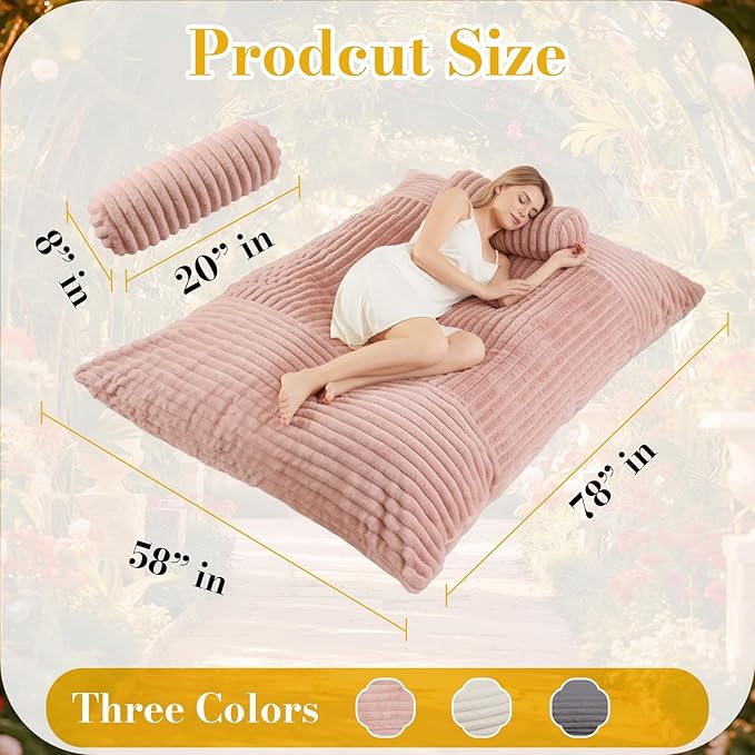 5 in 1 Bean Bag Chair with A Roll Pillow,Giant Bean Bag Chairs for Adults,Ultra Soft & Machine Washable Cover,Convertible Sofa Bed Floor Couch Lounger for Living Room,Bedroom