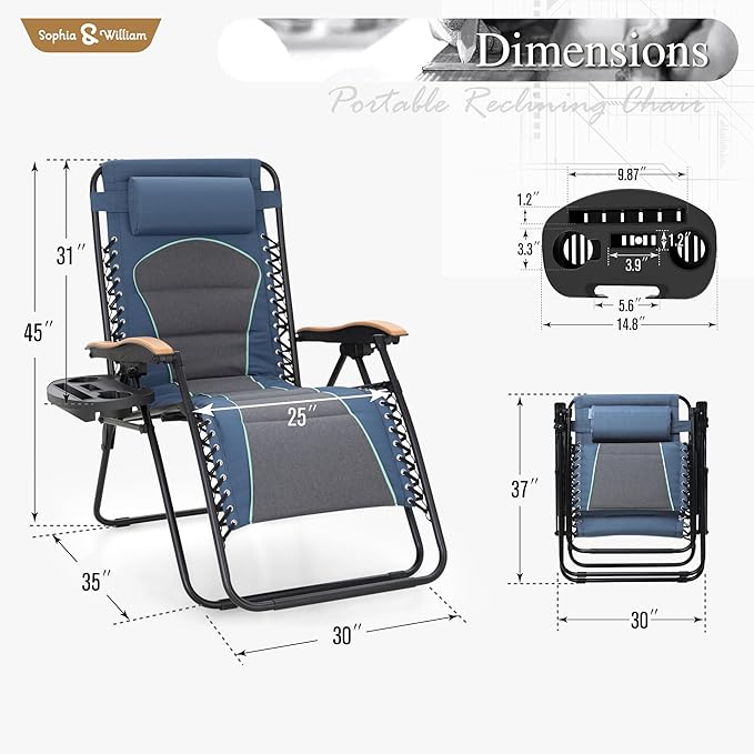 Sophia & William XL Zero Gravity Chair (2 Pack), Oversize Gravity Recliner Lounge Chair with Free Cup Holder, Supports 400 LBS (Blue)