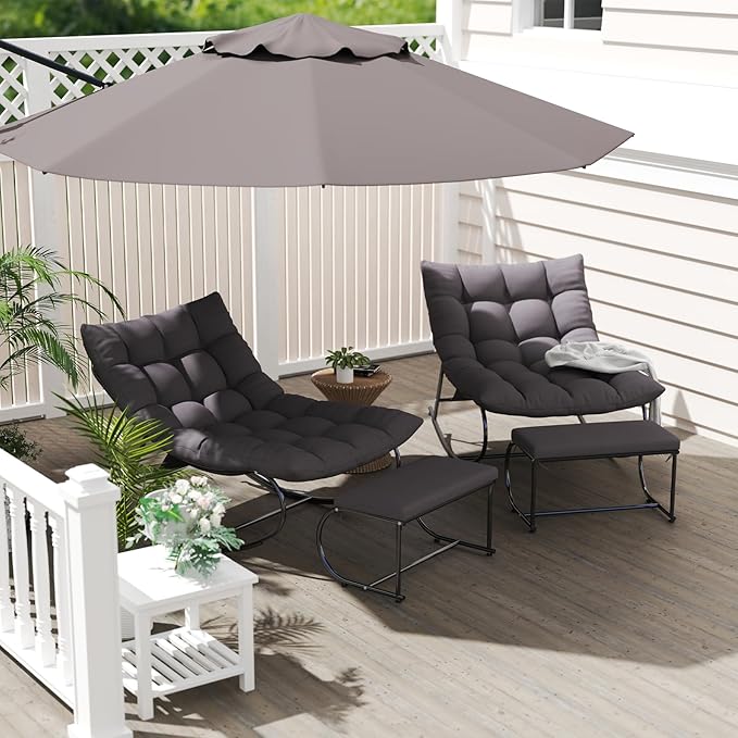 DAYAOUTDOOR 2 Piece Outdoor Rocking Chairs with Ottoman, Patio Oversized Rocking Egg Chair with Cushion, Papasan Chair Set of 2 for Outside, Outdoor Padded Chairs, Grey