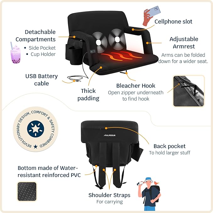 Alpcour Heating Massage Stadium Seat – Deluxe Reclining Bleacher Chair with Back & Arm Support – Built-in Heater and Massager - Extra Thick, Lightweight and Waterproof with Detachable Pockets